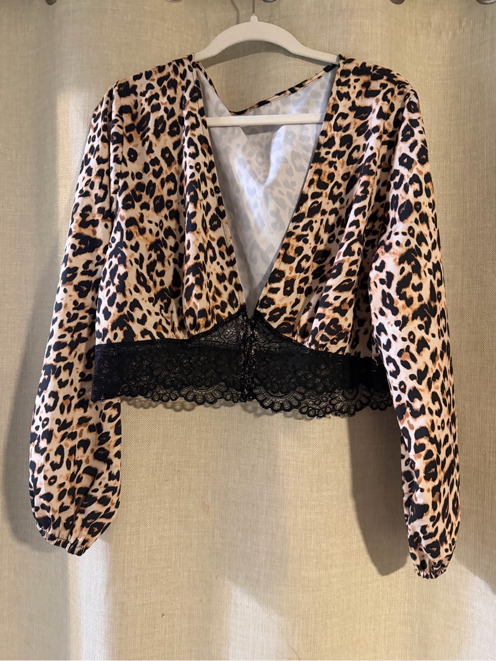 Leopard Print Lace-Trim Cropped Top - Black Trim